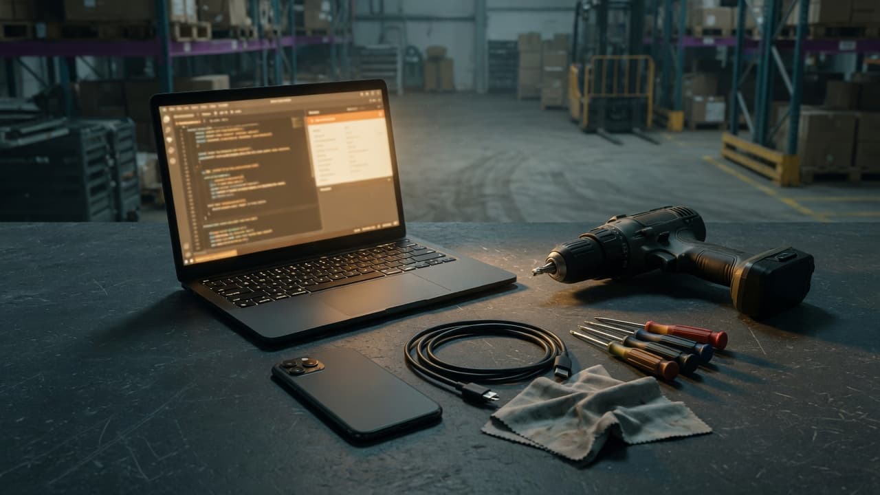 Refurbished laptop, phone and tools on a workshop bench